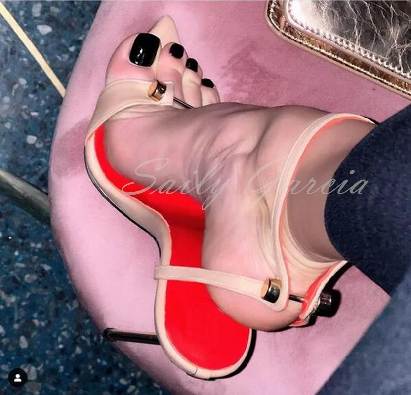 Metal Thin High Heels Dress Party Shoes For Lady Pointed Peep Toe Rivets Ankle Strap Sandals Women Buckle Strap Slingback Shoes