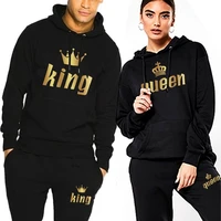 tuveke autumnwinter king queen couple print sports casual couple suit solid color hooded drawstring design fashion couple suit