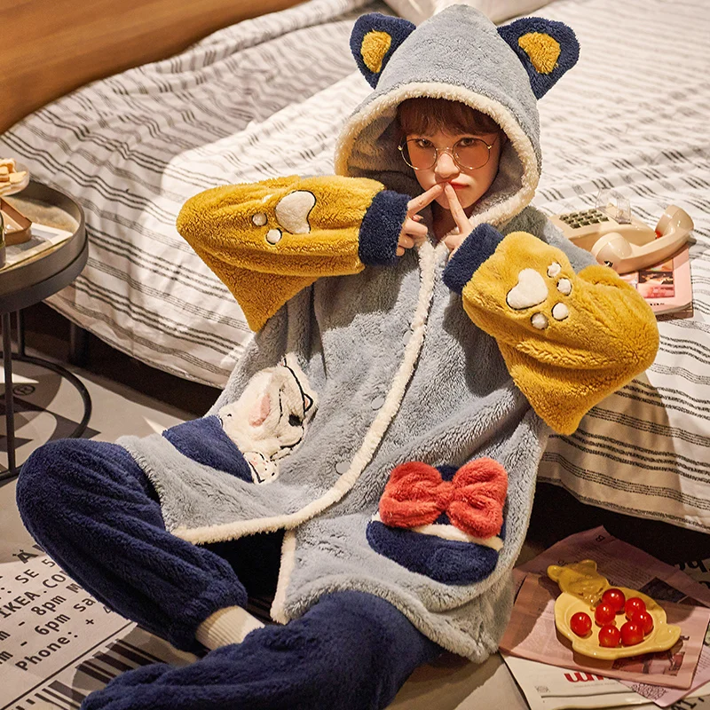FUNISHI Cartoon Plush Pajama Set Women Sleepwear Medium Style Winter Pajamas Plus Size Coral Fleece Loose Version Inspissate