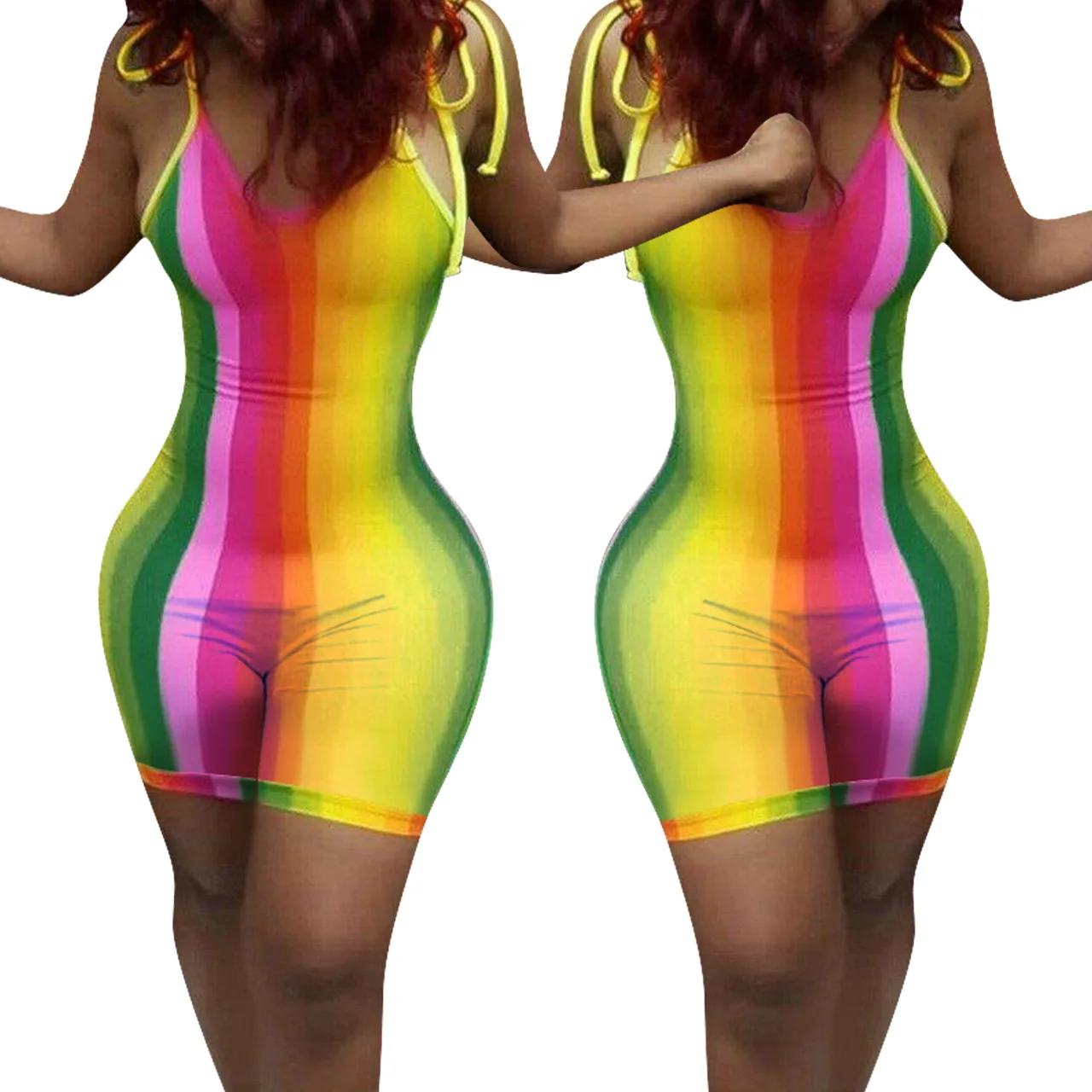 

Sexy Striped Short Jumpsuit Women Bandage Spaghetti Strap Bodycon Playsuit Rainbow Printed Rompers Summer Bodysuit Shorts 2022