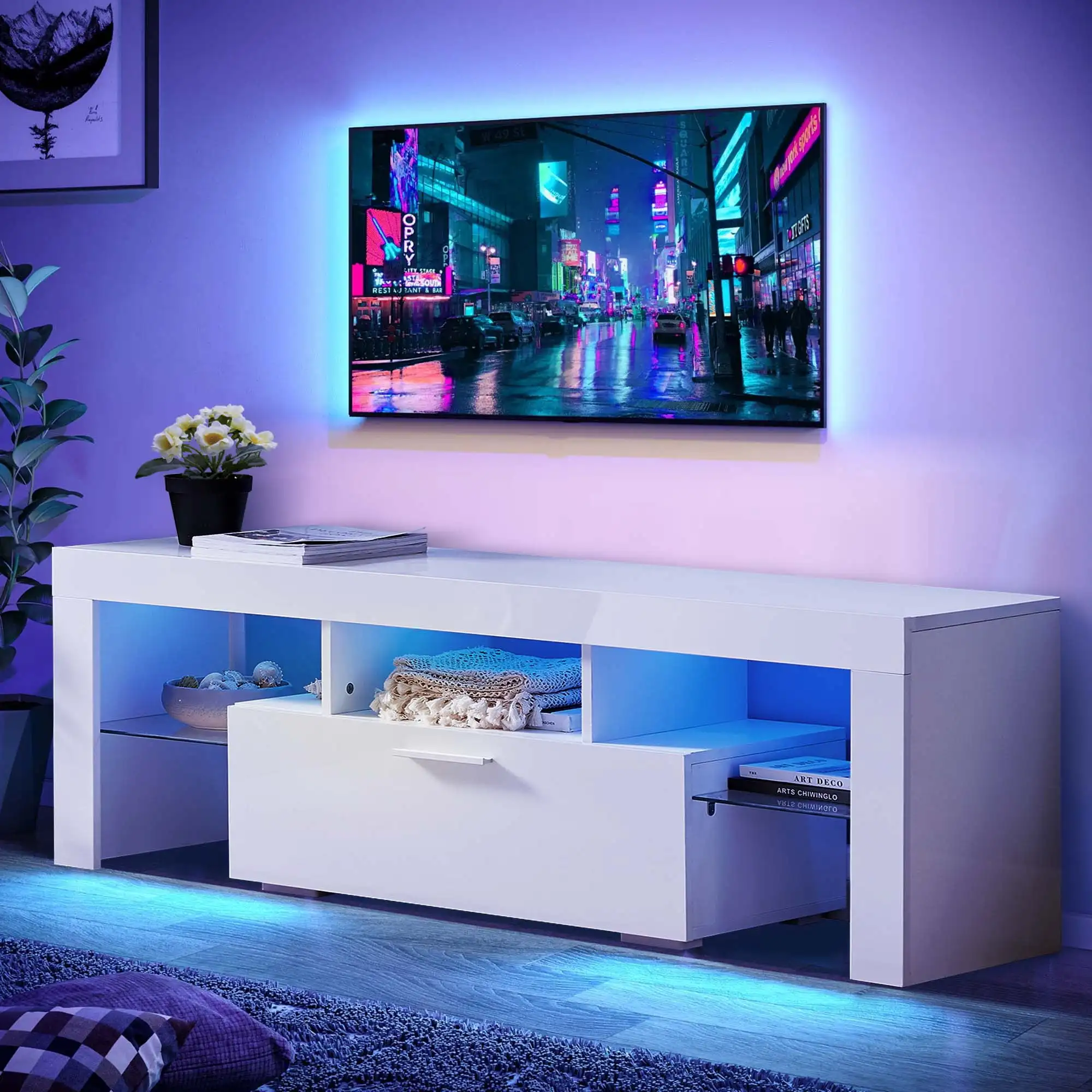 

LED TV Stand for TVs up to 60", Storage TV Cabinet for Living Room - White