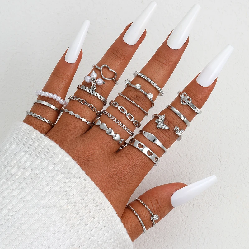 

Bohemian Butterfly Pearl Rings Set For Women Vintage Metal Gold Sliver Color Heart Finger Rings Simple Fashion Jewelry Gift 2023