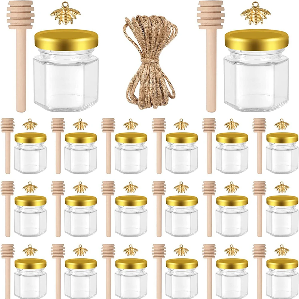 

X20 Wedding Birthday Party Return Gifts 45ml Hexagonal Glass Honey Jars Kit with Bees Honey Dippers Honey Jar Gold Covers