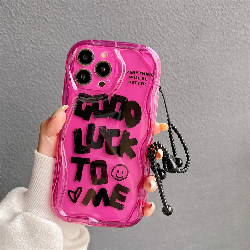 

Lovely Good Luck Letter Phone Case For iPhone 14 13 11 12 Pro Max Soft Silicone Cover With Black Love Heart Bracelet Shell