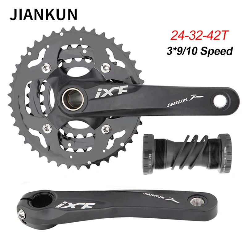 

JIANKUN Mountain Bike Aluminum Alloy Crankset 170mm 27/30 Speed 24-32-42T 3 Gear Hollow One Piece Sprocket MTB Crank Bike Parts