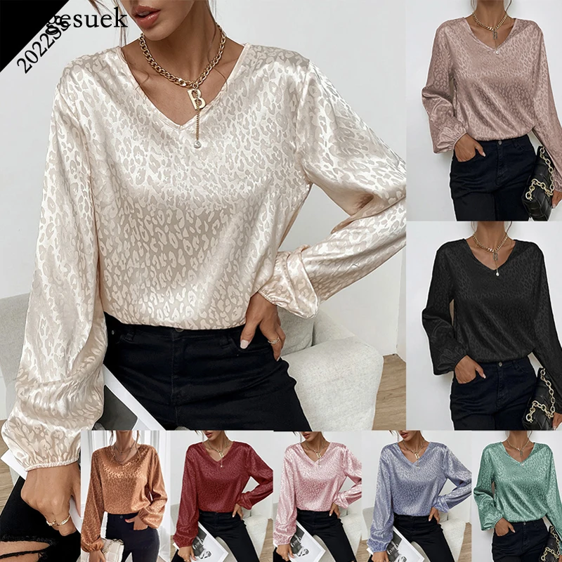 

2022 Leopard Printing Chiffon Blouse Office V-Neck Lady Shirts New Spring Long Sleeve Loose Tops Vintage Women's Clothing 19168