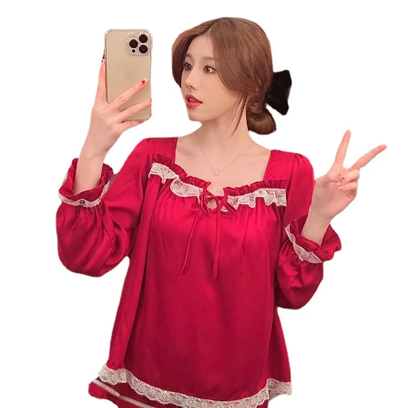 Lace princess cute ice silk pajamas suit female sweet court style pajama set