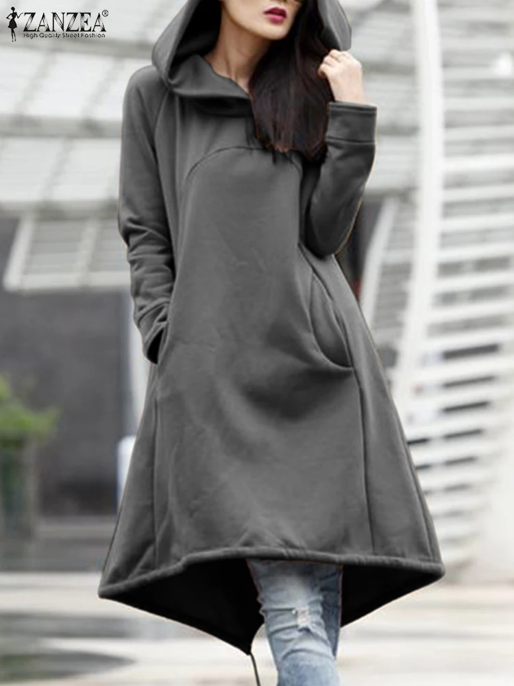 

Повседневные толстовки ZANZEA с асимметричным подолом, женская уличная одежда с шерстяной подкладкой на осень 2023, модные зимние толстовки с дл...