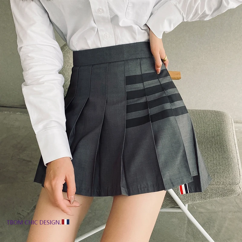 

Suit fabric four-bar high-waisted gray TB pleated skirt short skirt women's spring and autumn original anti-glare A-line skirt