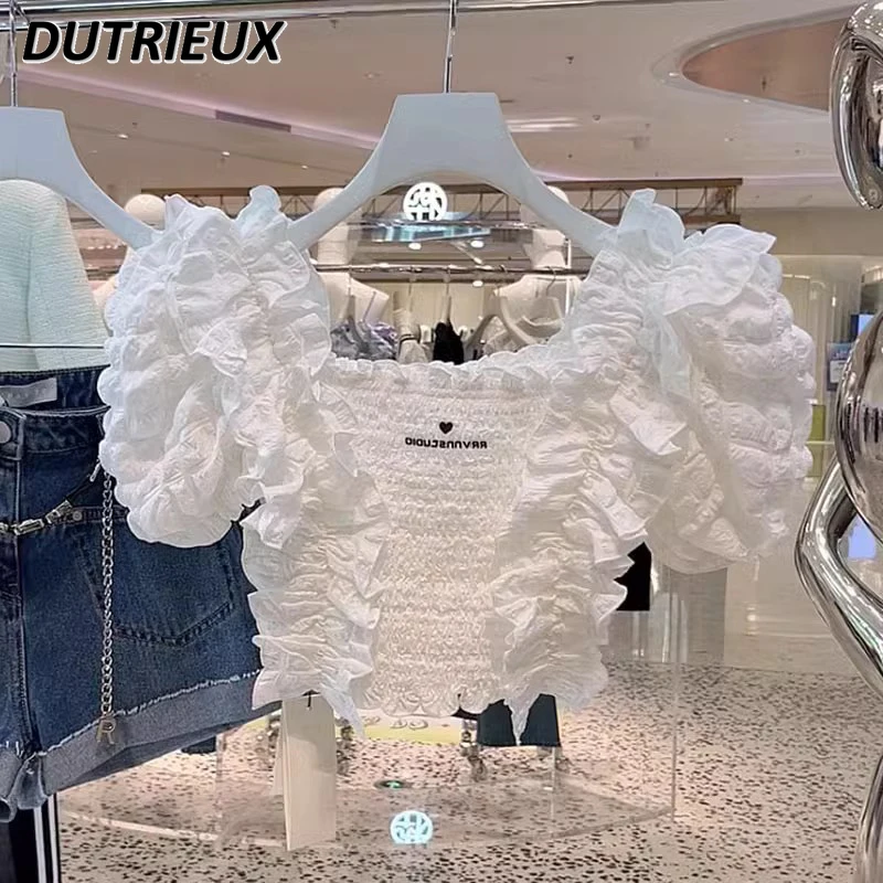 

2023 New Pleated Square Collar Short Sleeve Shirt Women's Design Loose Short Chic Very Fairy Blouse White Summer Tops Mujer
