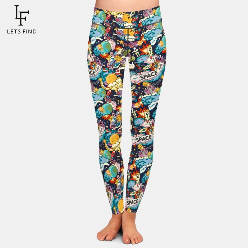 LETSFIND New Women Fitness Leggings 3D Cartoon Space Doodle Digital Printing High Waist Fashion Leggings