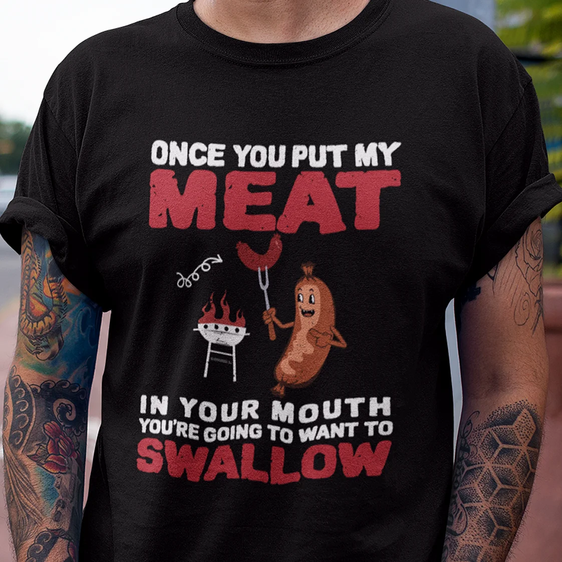 Как только вы положите мое мясо в рот, футболка, смешной юмор, барбекю