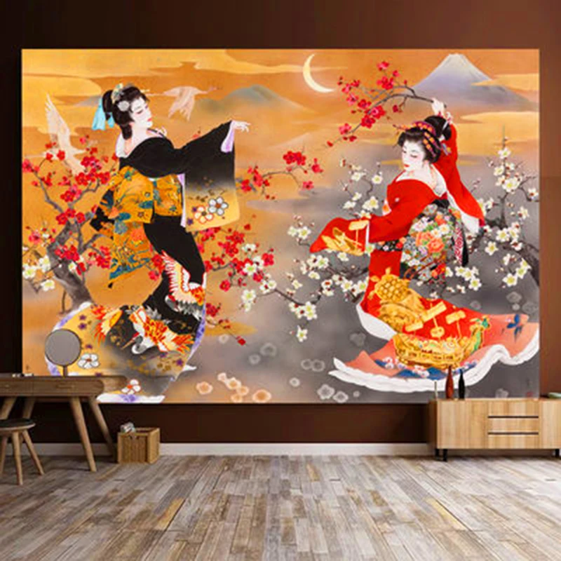 

Japan Tapestry Young Geisha In Kimono with Sakura Traditional Oriental Costume Makeup Wall Hanging Curtain Bedroom Home Decor