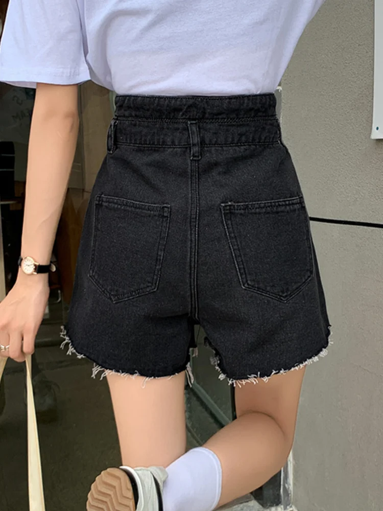 Streetwear Women Loose Hole Frayed Retro Denim Shorts Spring Summer Female High Waist Button Jeans Shorts Bottoms