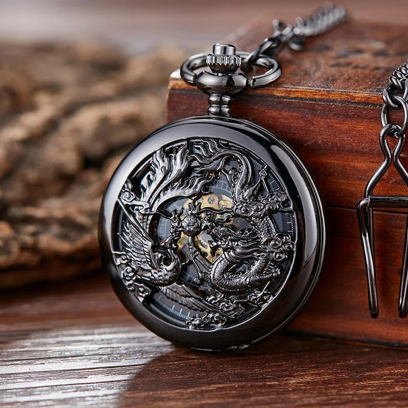 Chinoiserie Double Cranes Playing With Pearls Pattern Hollowed Out Relief Dragon Type Manual Mechanical Large Pocket Watch Clock