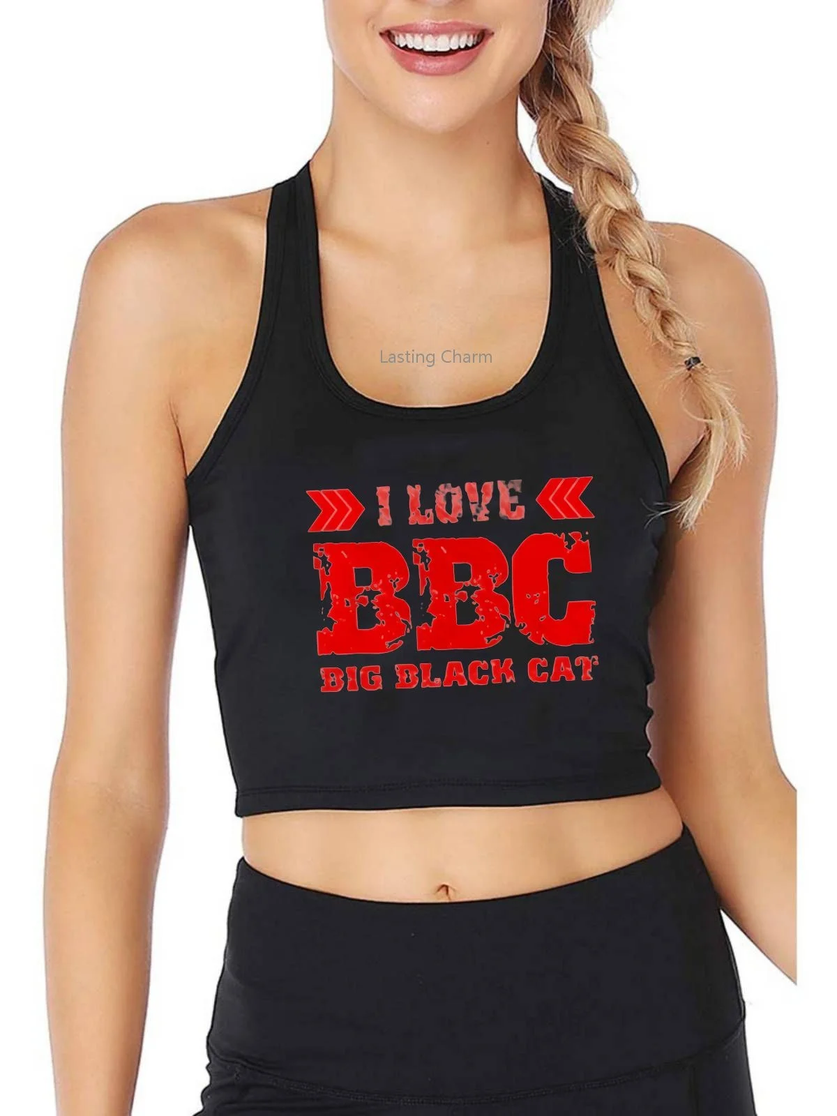 

I Love BBC Big Black Cat Print Tank Top Adult Humor Fun Flirty Print Yoga Sports Workout Crop Top Women's Gym Tops