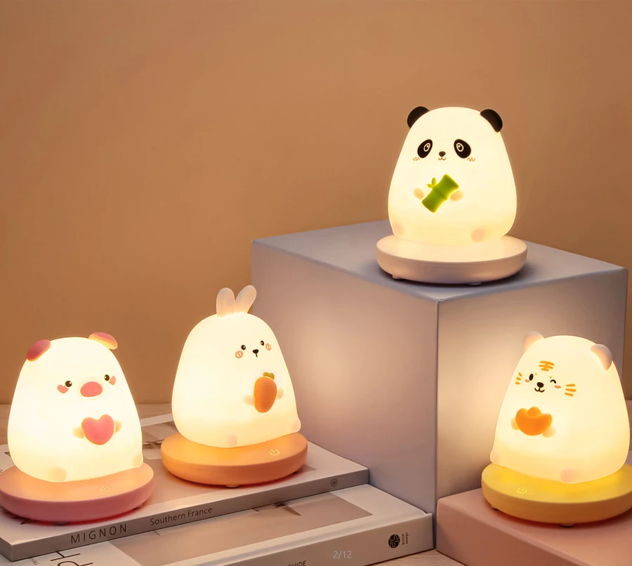 Cute Panda LED Night Lights for Children Bedroom Silicone Lamp Animal Rabbit Touch Sensor Dimmable Holiday Gift Rechargeable