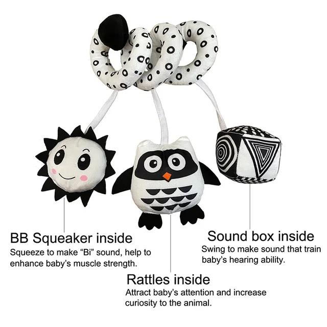 Hanging Toys Car Seat Crib Mobile Infant Baby Spiral Plush Bed Stroller Bar Black and White Color Toy with Rattles BB Squeaker 3