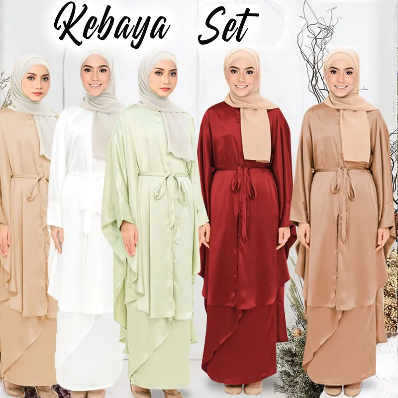 

Ready Stock Satin Silk Plain Pattern Muslim Kebaya Belted Dress Full Sleeve Loose Design Islamic Elegant Overlap Kaftan Robe