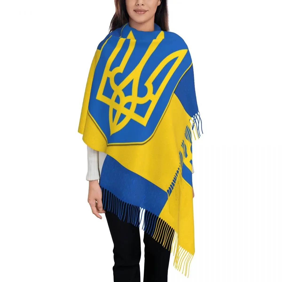 

Flag Of Ukraine And Coat Of Arms Of Ukraine Tassel Scarf Women Soft Ukrainian Patriotic Gift Shawl Wrap Female Winter Scarves
