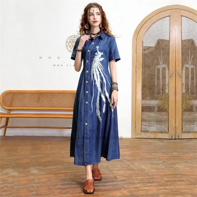 2023 traditional women hanfu dress chinese folk dance costume national phoenix embroidery dress retro women loose denim dress