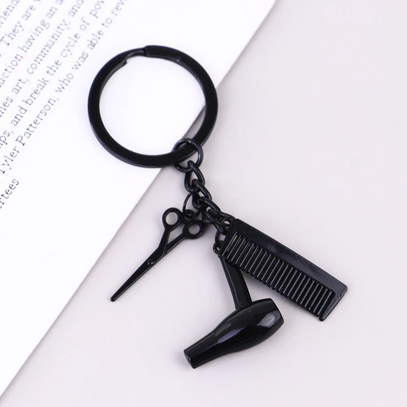 Barber Shop Tools Key Ring Black Hair Dryer Scissors Comb Pendants Simulation Keychain Dresser Present Hairdresser Gifts |