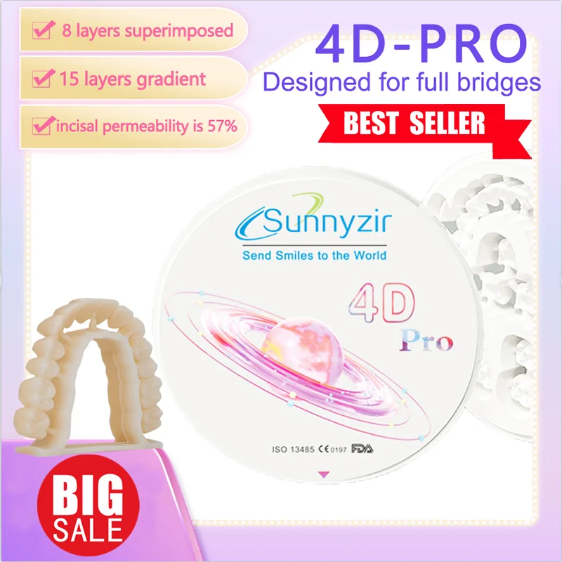 Sunnyzir 4D Pro Multilayer Zirconia Blocks For CADCAM Dental Lab A2 Fixed Zirconia Restoration Material With Porcelain Veneers