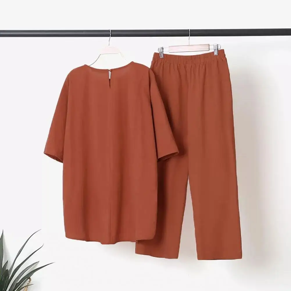 

Short Sleeves 2 Pcs/Set Chic Easy to Match Lady T-shirt Trousers Set Elastic Waist Female Clothes