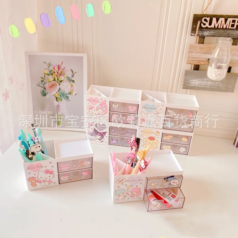 

Kawaii аниме Sanriomymelody Cinnamoroll Kuromi Настольный держатель для ручек коробка для хранения макияжа настольная двойная коробка для хранения Подставка...