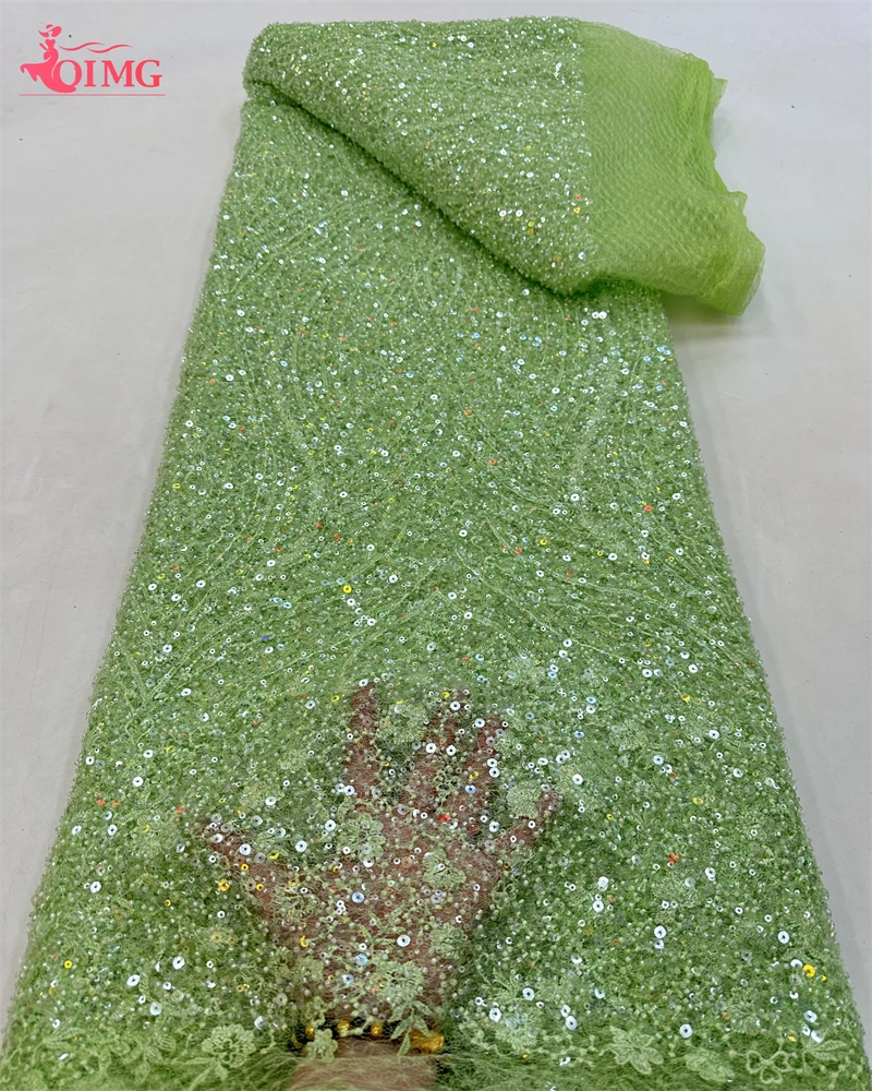 

OIMG 5 Yards Luxury African Sequins Lace Fabric 2023 High Quality French Nigerian Beaded Lace Fabric For Sewing Dress Wedding