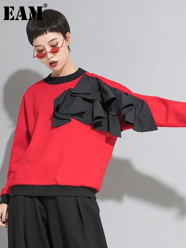

[EAM] Women Casual Contrast Color Spliced Ruffles T-shirt New Round Neck Long Sleeve Fashion Tide Spring Autumn 2022 1DE2378