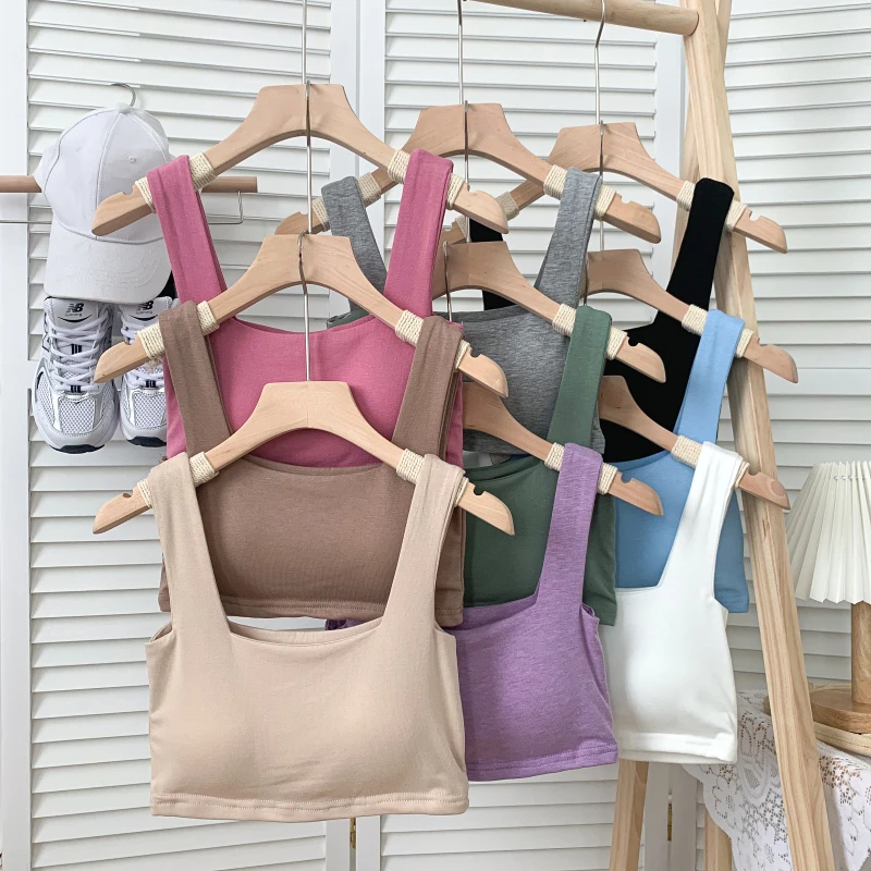 

Basics Solid Color Tank Woman Casual Sport Wide Shoulder Strap Built In Bra Omighty Camisole Female Crop Top Women Dropshipping