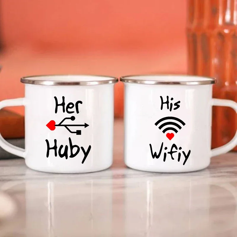 

His Wifiy Her Huby Funny USB WIFI Print Funny Couple Mug Coffee Vintage Enamel Cup Husband and Wife Wedding Valentine Day Gift