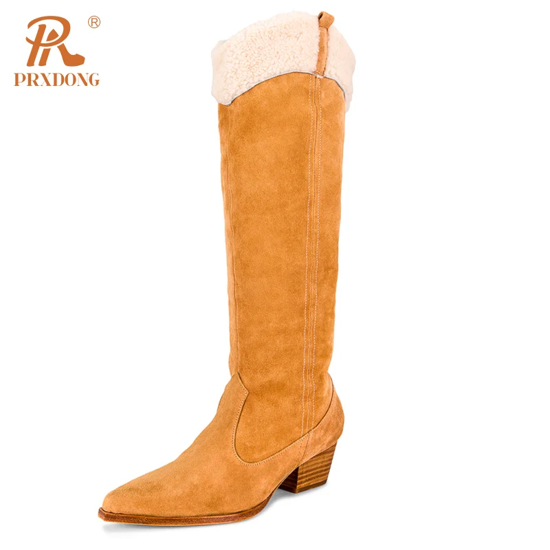 

PRXDONG New Fashion Shoes Woman Knee High Boots Autumn WInter Warm Shoes Med Heels Pointed Toe Retro Dress Party Casual Lady 42