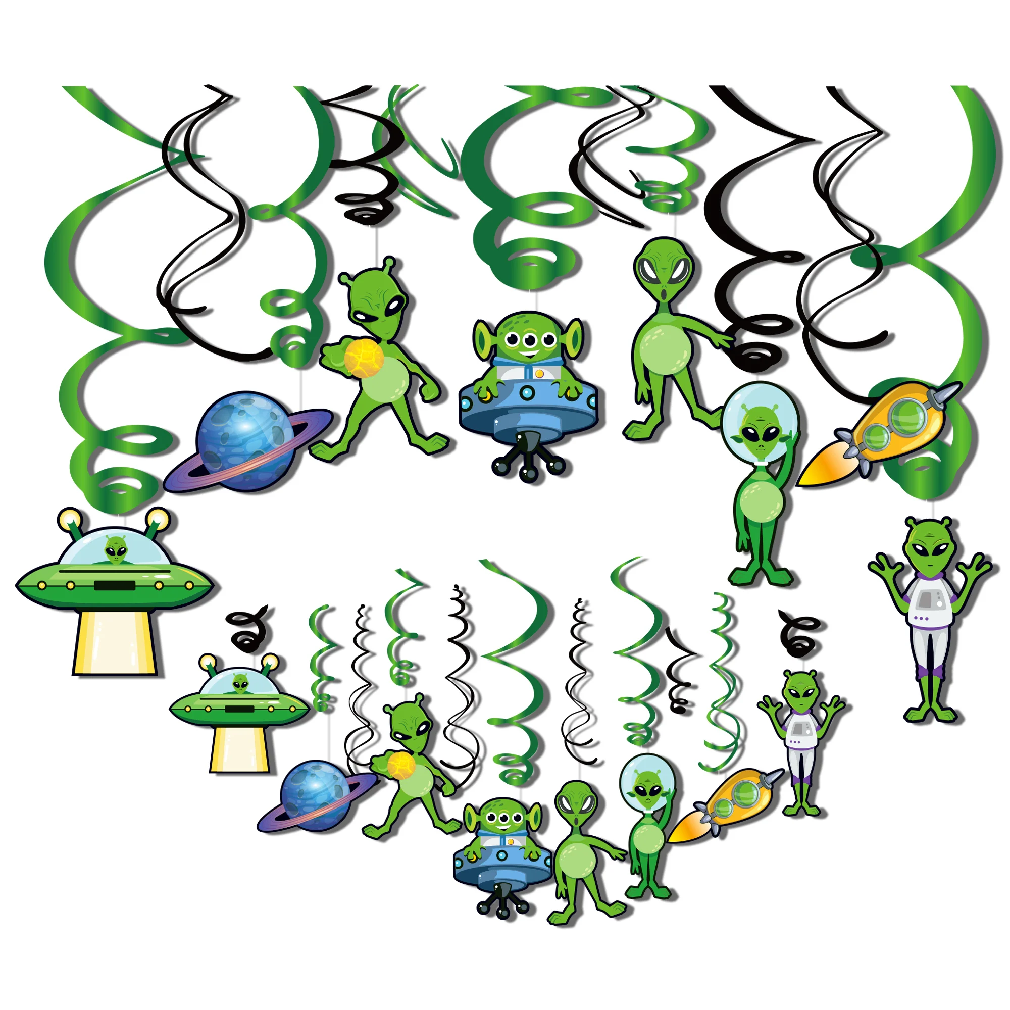 

30pcs Cartoon Alien Outer Space Ceiling Hanging Swirl Spiral Pendent DIY Birthday Party Decoration Baby Shower Party Supplies