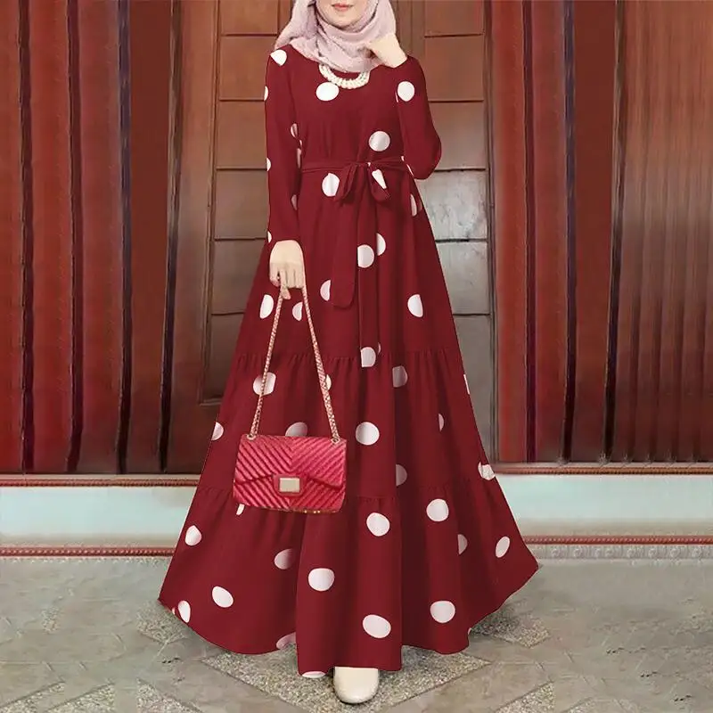 Women's Vintage Dress Femme Robe Maxi Dress Mulsim Dubai Turkey Hijab Abaya Sundress Polka Dot Printed Islamic Ramadan 7