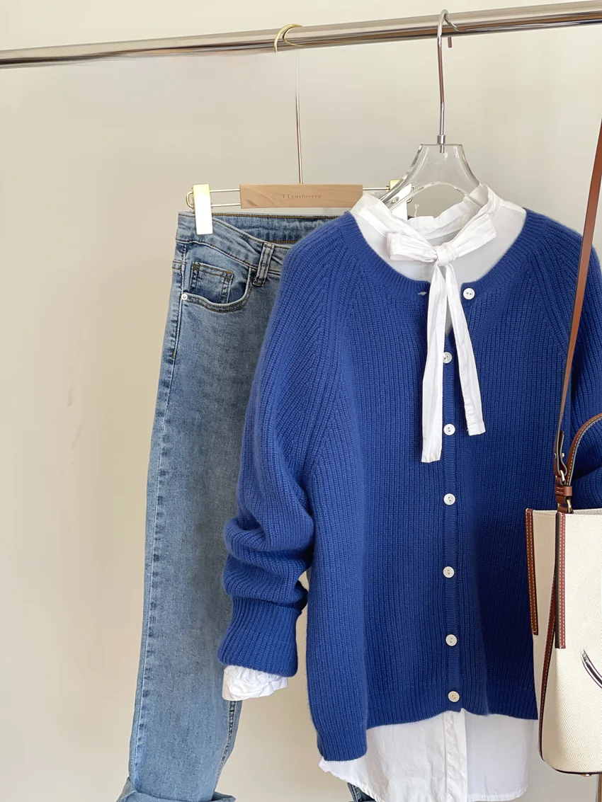 Ttcashmere Женская одежда Осень и зима Кашемировый синий утолщенный кардиган