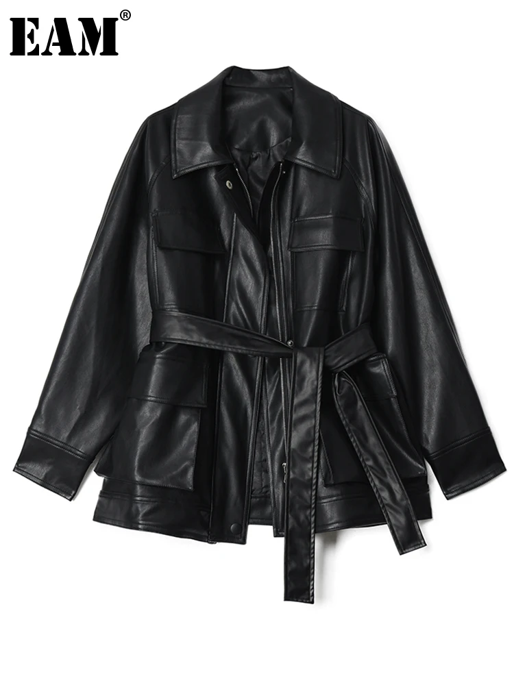 

[EAM] Loose Fitb Black Pu Leather Bandage Big Size Jacket New Lapel Long Sleeve Women Coat Fashion Tide Spring Autumn 2022 1X462