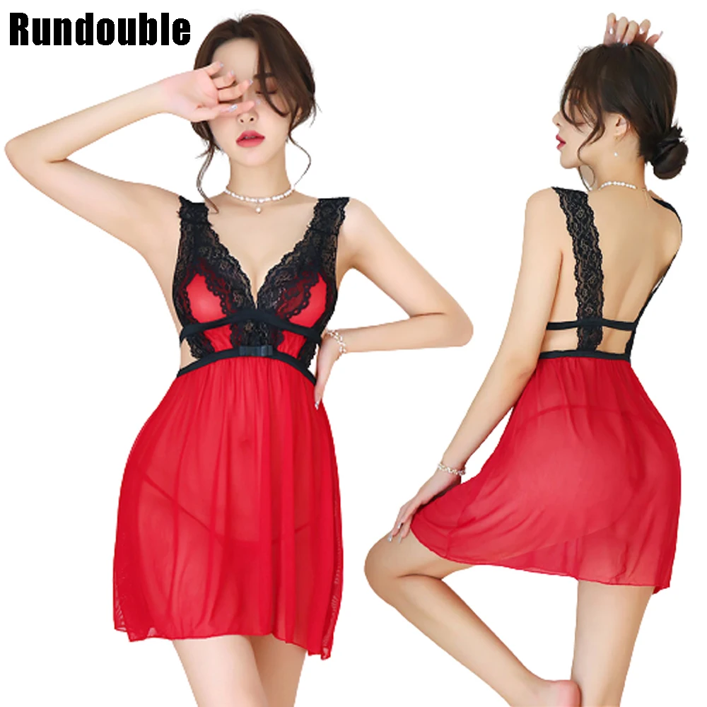 

Sexy Night Dress for Women Deep V Lace Sleeveless Sleepwear Lingerie Backless Patchwork Breathable Lady Sleeping Exotic Apparel