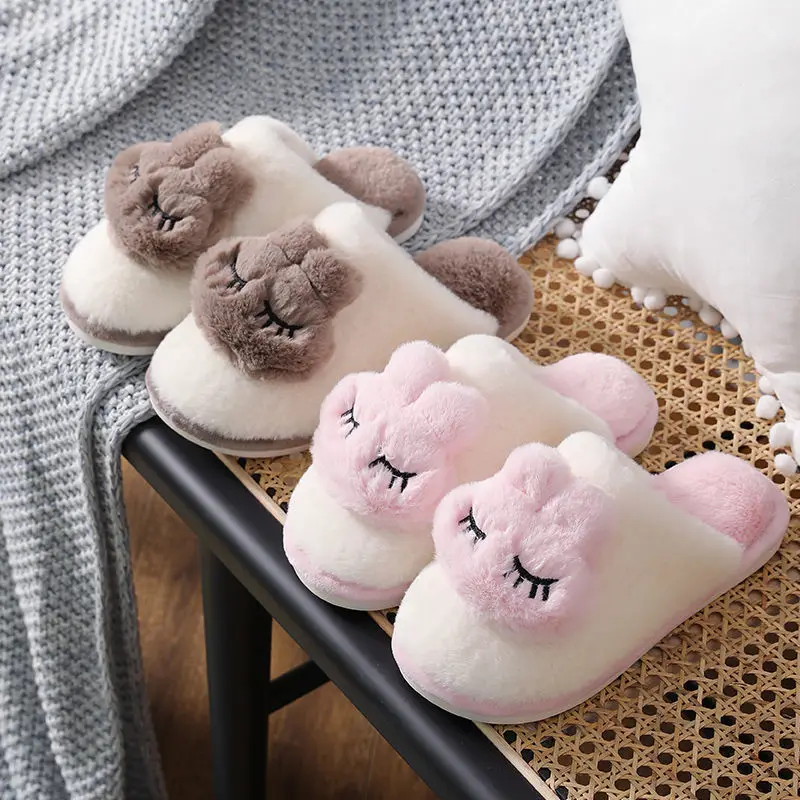 Cute Rabbit Cartoon Home Slippers Women Winter Warm Fur Shoes Men Plush Slipper Couples Indoor Soft Bottom Floor Slippers