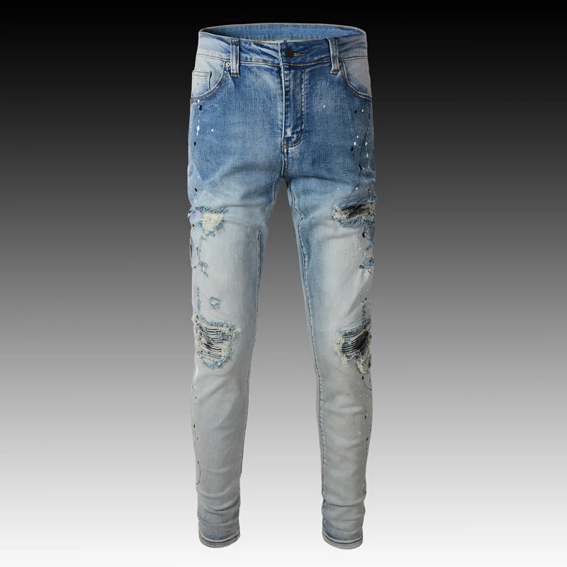 Fashion Designer Men Jeans Retro Light Blue Elastic Slim Fit Ripped Jeans Men Streetwear Patched Hip Hop Denim Punk Pants Hombre