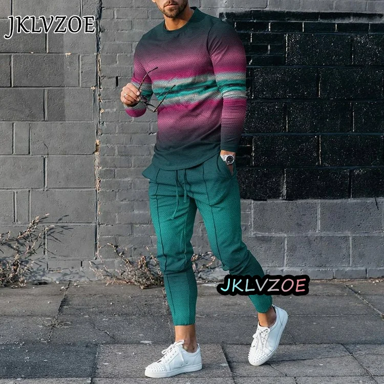 Summer Mens 2 Piece Set Tracksuits Luxury Outfit Long Sleeve O-Neck T-shir Set Casual Oversized Men Clothing Tshirt Suit Jogging