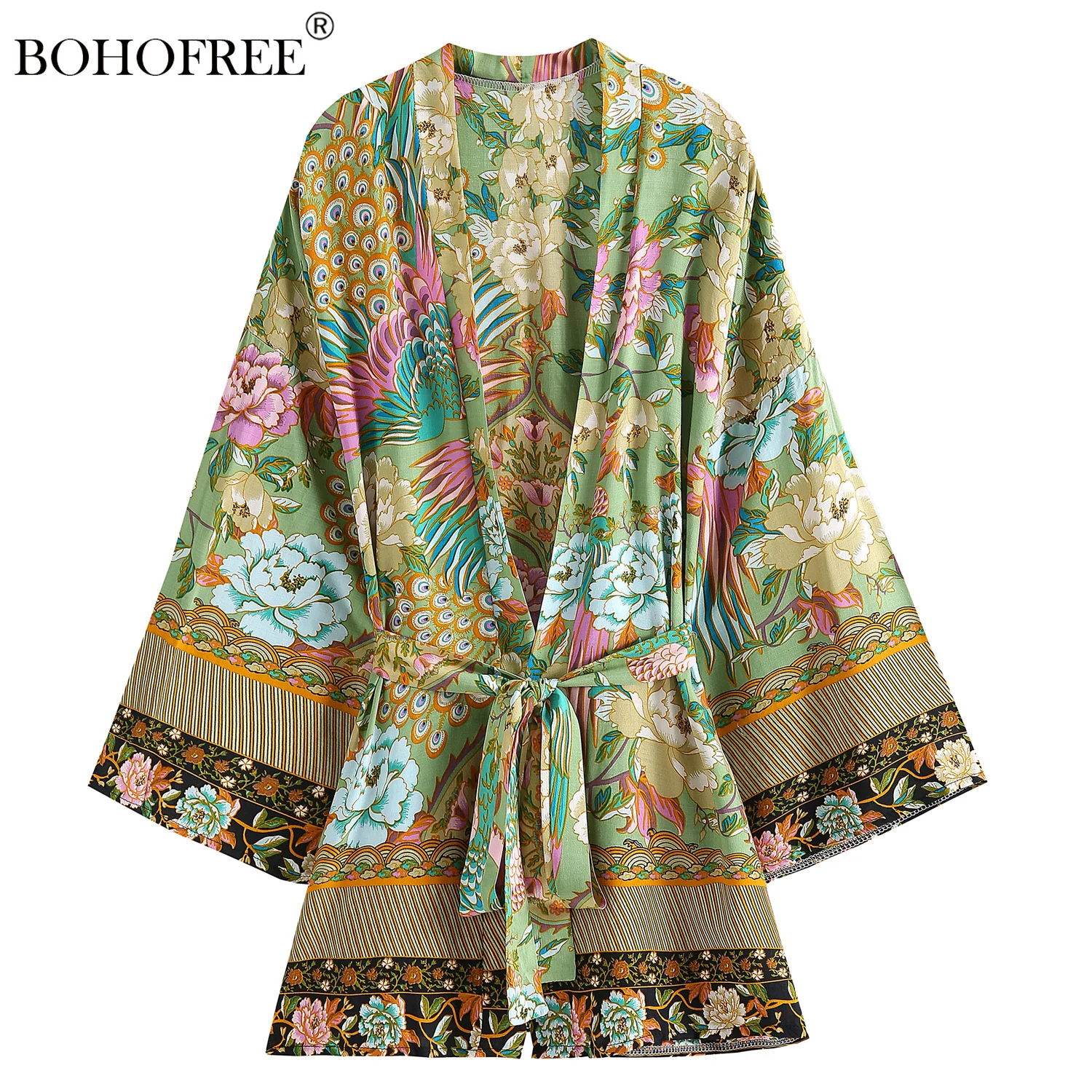 

Drop Shipping Green Peacock Print Short Cover Ups Rayon Cotton Robes Loose Floral Kimono Tropical Wrap Kimono Tops Blusas Female