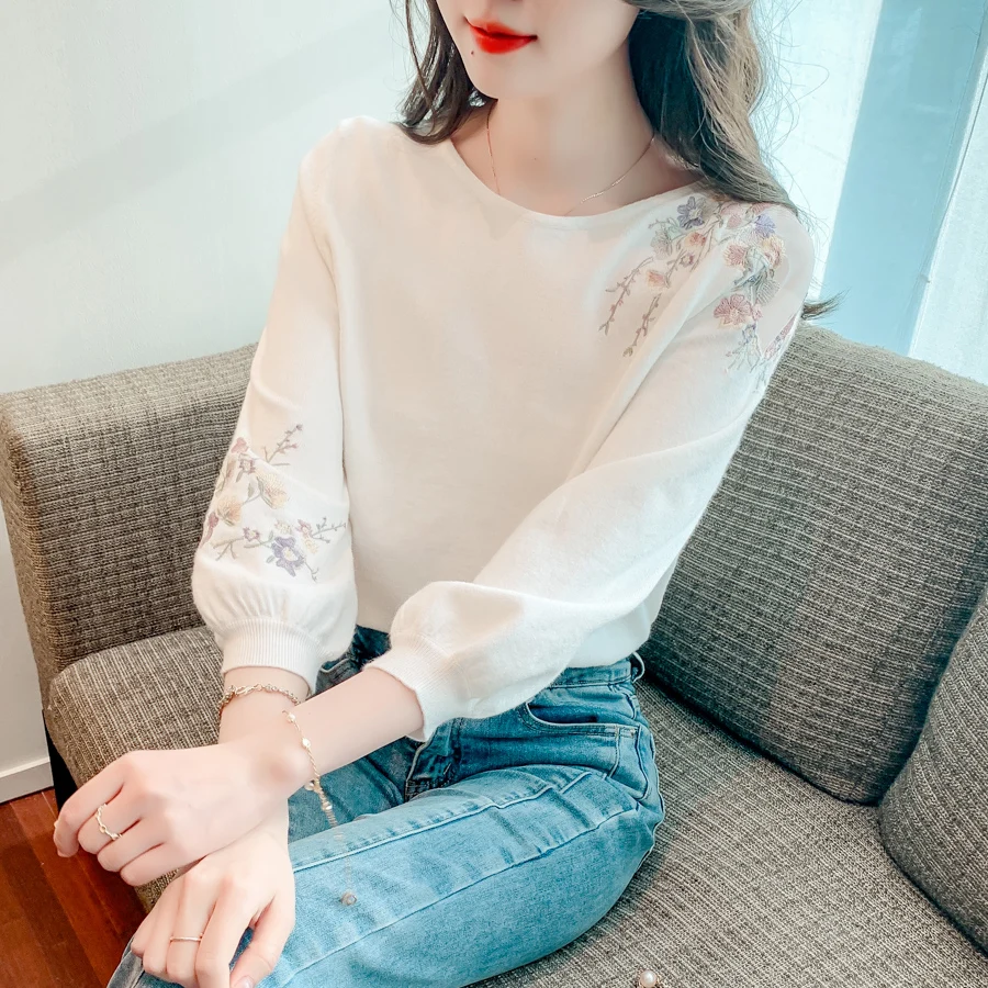 

2023 Spring Summer Embroidery Floral Knit Three Quarter Sleeve Sweater Women Pullover O-Neck Knitwear Tops Jumper Sueter Mujer