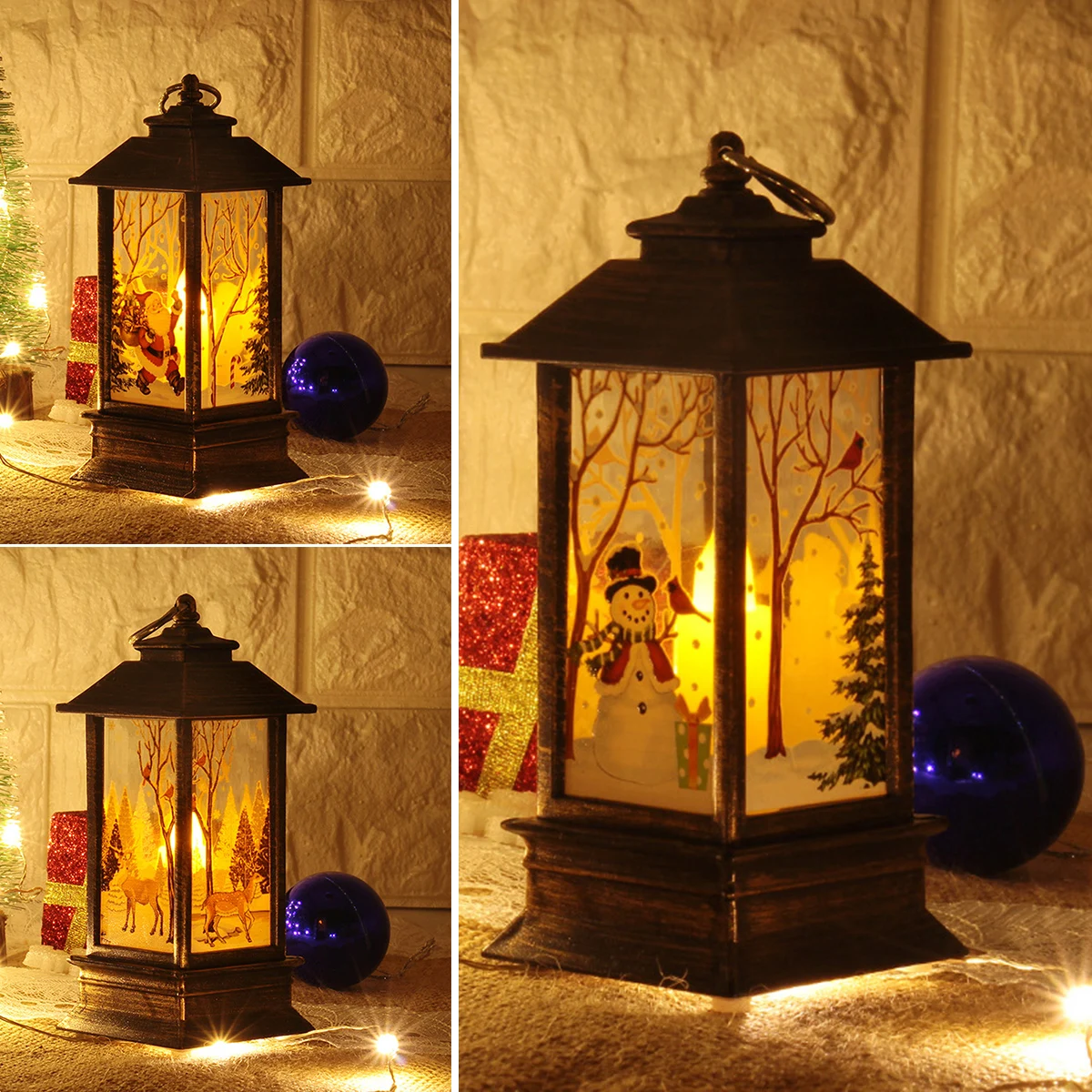 Led Glowing Lantern Simulation Cande Light Lamp Snowman Elk Merry Christmas Decoration Candle Scene Ornament Xmas Gifts