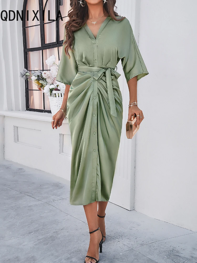 Женское однобортное платье Зеленое Длинное Платье с V-образным вырезом и