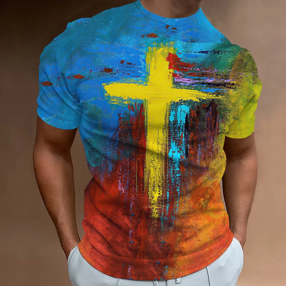 

Fashion Men'S T-Shirts 3d Ink Cross Print Loose Oversized Tops Street Casual Short Sleeved Summer Men Clothing Senior Sportswear