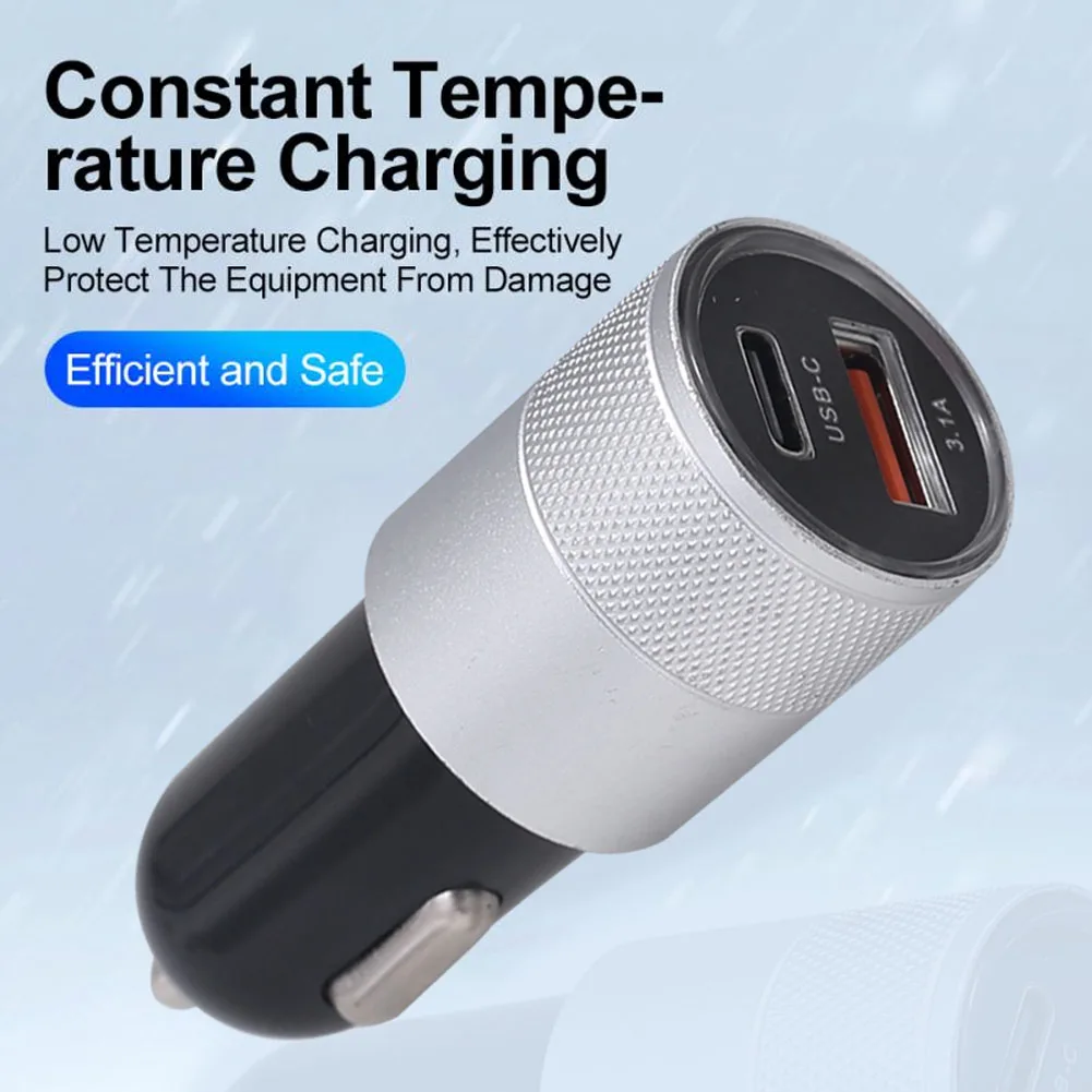 

Car Charger Adapter Dual USB Ports 15W 3.1A Fast Charging with Type-C Overheating Protection Cigarette Socket Lighter Adapter