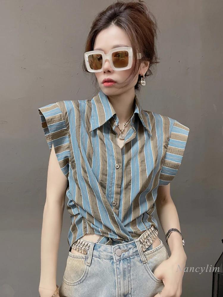 Блузка женская летняя в полоску модная шикарная рубашка европейском стиле с