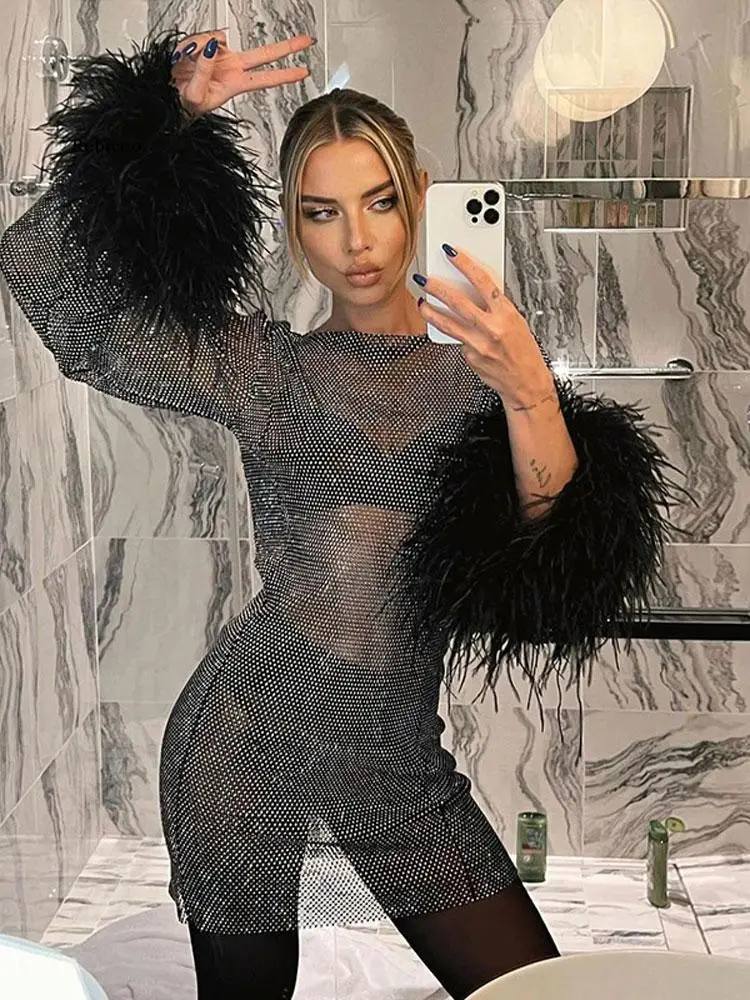 

Sexy Mesh Feathers Tassel Mini Dress Women Long Sleeve See Through Rhinestones Dress 2022 Pink Shinny Sequins Club Party Outfit